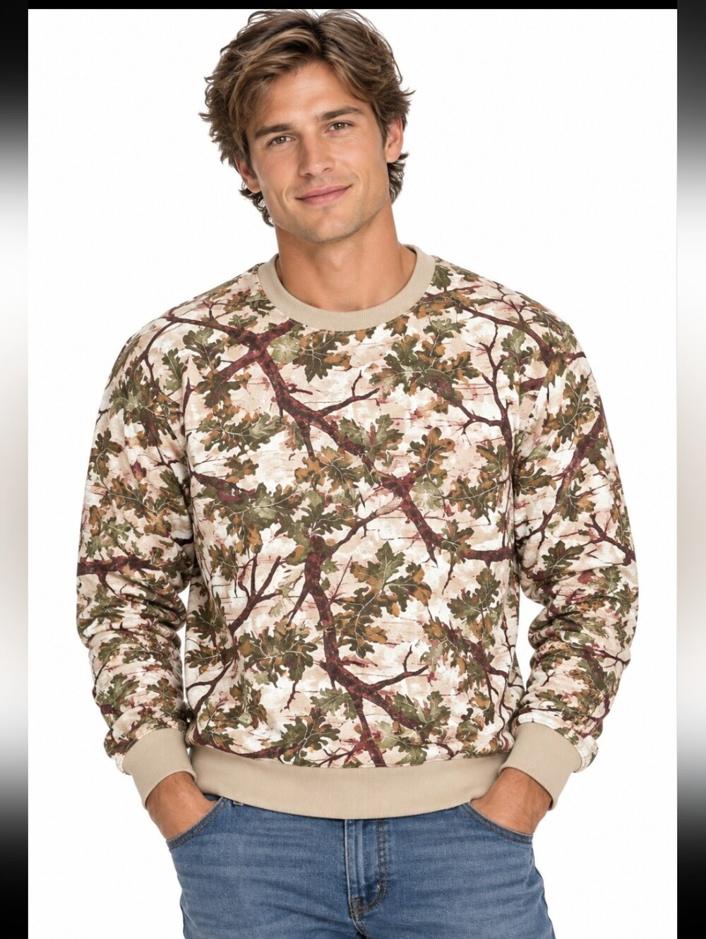 Nwt Original Use Cotton Beige &Olive Camo Lightweight Crewneck Sweatshirt (Med)
